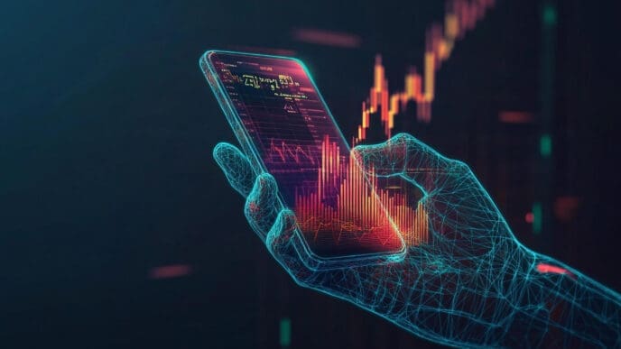 A digital wireframe hand holds a smartphone that displays a glowing financial chart, with a larger red and yellow chart in the dark background.