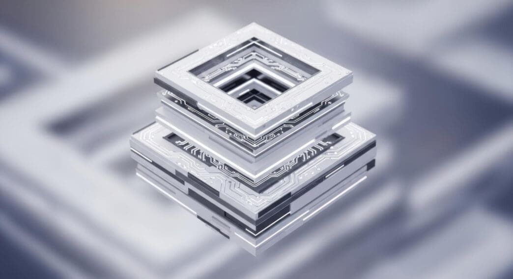 A clean, 3D digital rendering of a stack of square, layered platforms with a futuristic, metallic look and visible circuit board patterns.