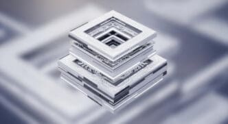 A clean, 3D digital rendering of a stack of square, layered platforms with a futuristic, metallic look and visible circuit board patterns.