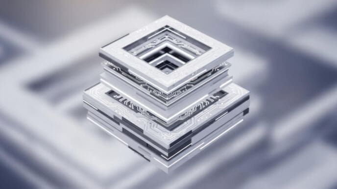 A clean, 3D digital rendering of a stack of square, layered platforms with a futuristic, metallic look and visible circuit board patterns.