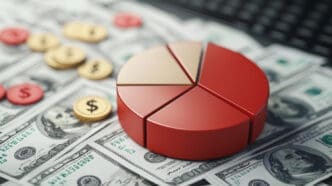 A three-dimensional pie chart is positioned on a surface covered with US hundred-dollar bills and dollar-sign coins.