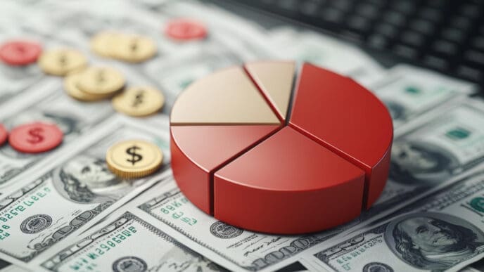 A three-dimensional pie chart is positioned on a surface covered with US hundred-dollar bills and dollar-sign coins.
