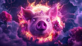 A fantastical digital illustration of a pink pig's head with glowing gemstone eyes, surrounded by a ring of fire, flowers, and cosmic clouds.