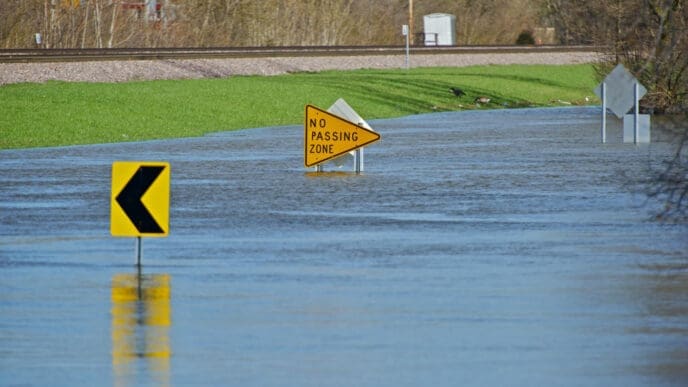 A flooded road with a yellow "NO PASSING ZONE" sign and a left-turn arrow sign partially submerged in the water.