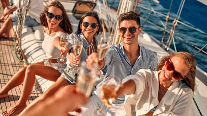 Four young friends on a sailboat are smiling and toasting with champagne glasses at the camera on a sunny day.