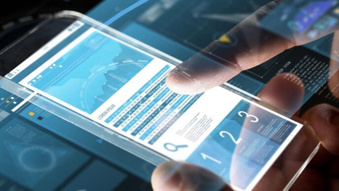 A person's finger is touching a transparent smartphone screen displaying a business chart.