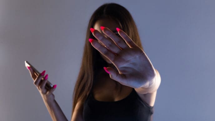 A person holds a hand up to block their face from view, while holding a smartphone in the other hand.