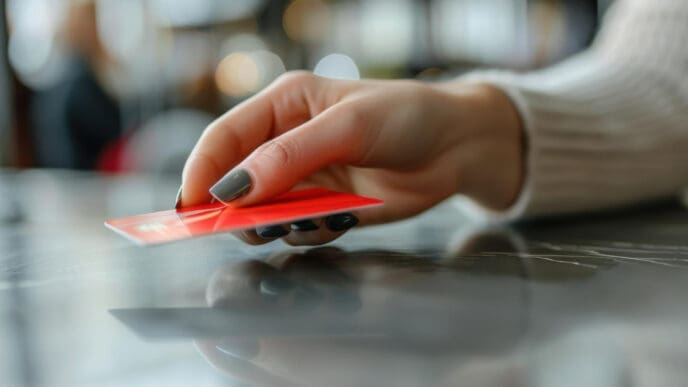 A close-up shot of a hand with dark nail polish, placing a red card on a dark, reflective counter.