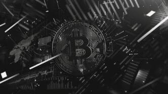 A grayscale illustration of a Bitcoin coin in the center of a futuristic, cybernetic network