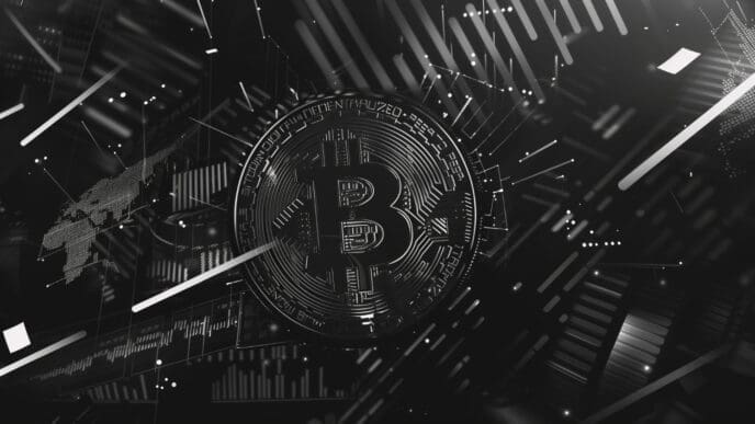A grayscale illustration of a Bitcoin coin in the center of a futuristic, cybernetic network