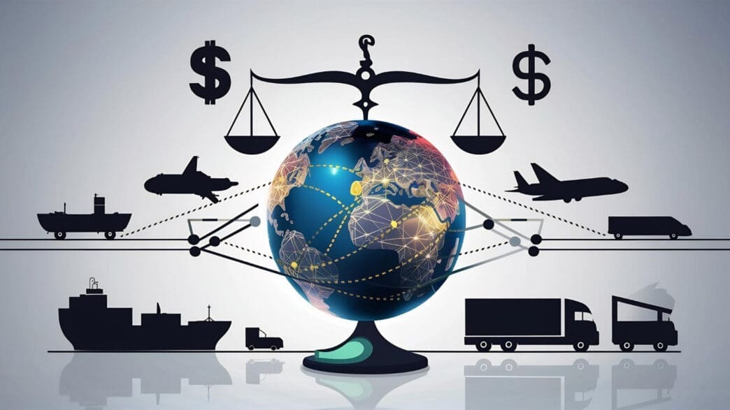 A graphic illustration of the globe on a scale, with different modes of transportation on either side.