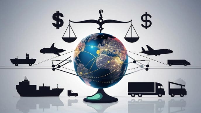 A graphic illustration of the globe on a scale, with different modes of transportation on either side.