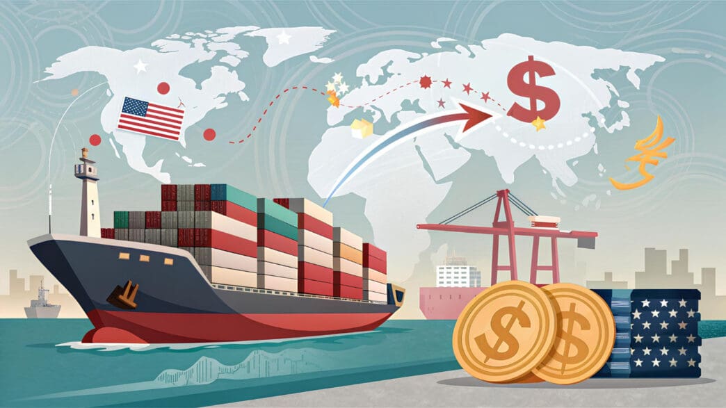 An illustration of a cargo ship with an American flag sailing with a trade route line pointing to a dollar sign.
