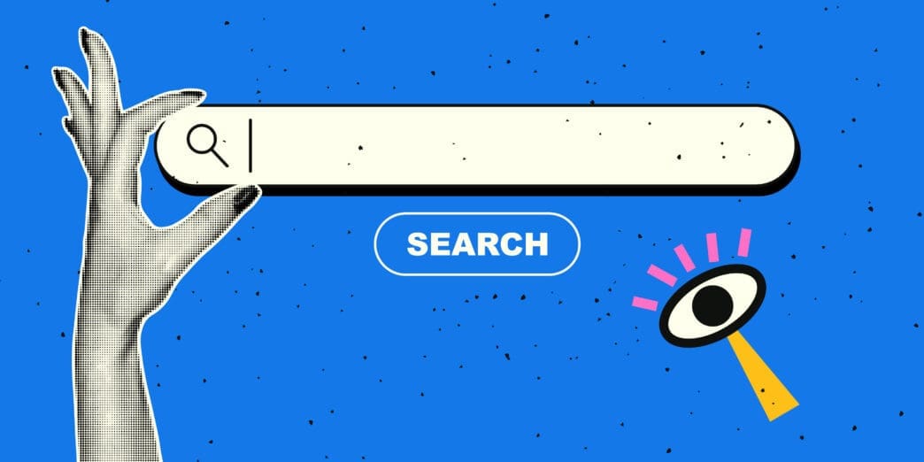 A retro-style digital collage featuring a hand with a halftone effect holding a search bar with a magnifying glass icon, a "SEARCH" button, and a separate floating eye symbol, all against a textured blue background.
