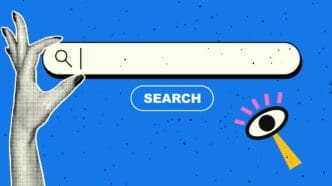 A retro-style digital collage featuring a hand with a halftone effect holding a search bar with a magnifying glass icon, a "SEARCH" button, and a separate floating eye symbol, all against a textured blue background.