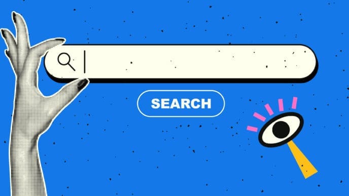 A retro-style digital collage featuring a hand with a halftone effect holding a search bar with a magnifying glass icon, a "SEARCH" button, and a separate floating eye symbol, all against a textured blue background.