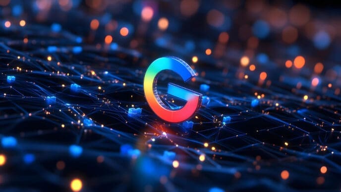 The Google 'G' logo is seen in 3D, positioned on a glowing digital network of lines and nodes.