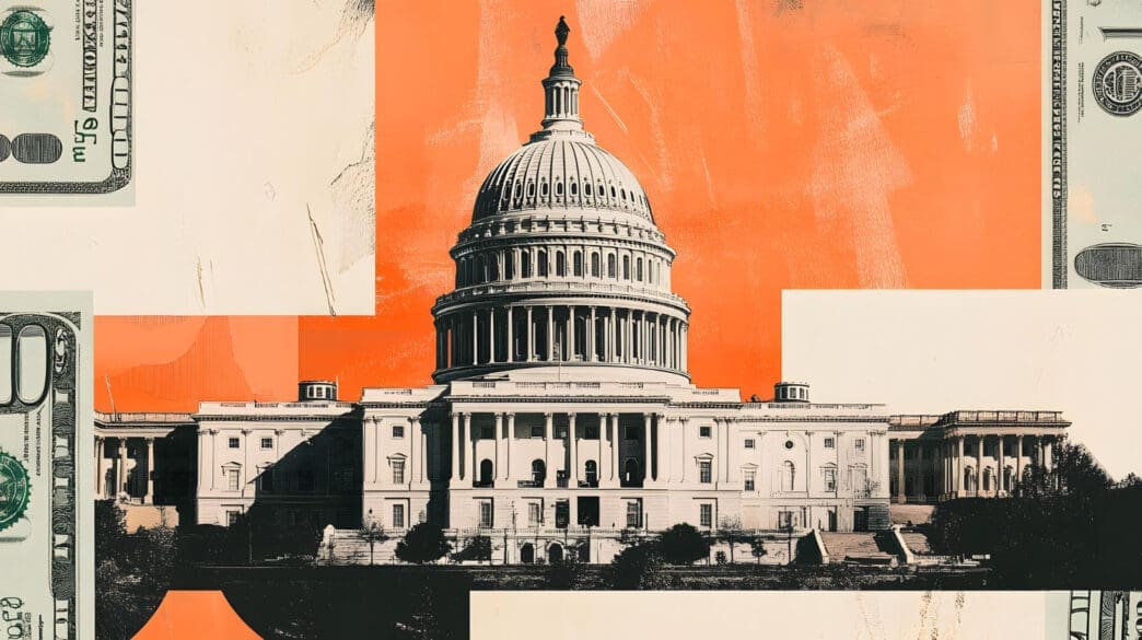 A stylized illustration of the US Capitol Building is placed in the center of a collage with elements of US dollar bills and abstract orange and beige backgrounds.