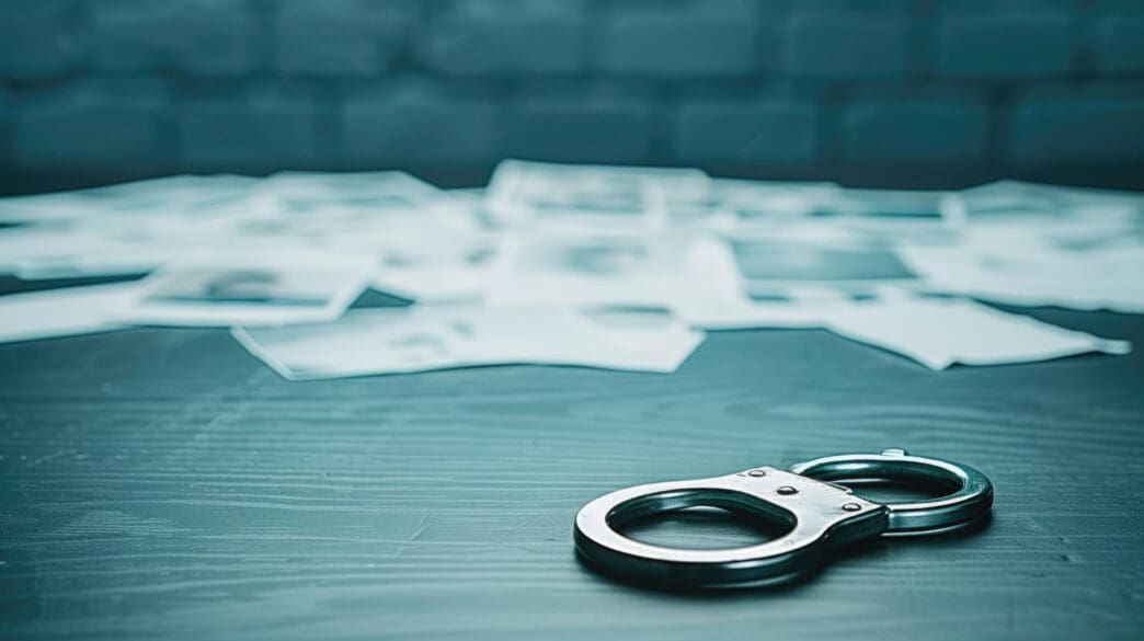 A pair of shiny metal handcuffs are placed on a dark table, with scattered, blurry photographs or evidence in the background.