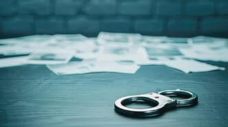 A pair of shiny metal handcuffs are placed on a dark table, with scattered, blurry photographs or evidence in the background.