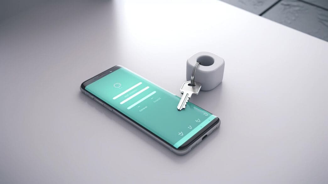 A smartphone with a house key on top of it, with a login app displayed on the screen.