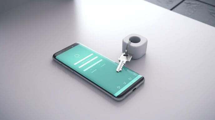 A smartphone with a house key on top of it, with a login app displayed on the screen.