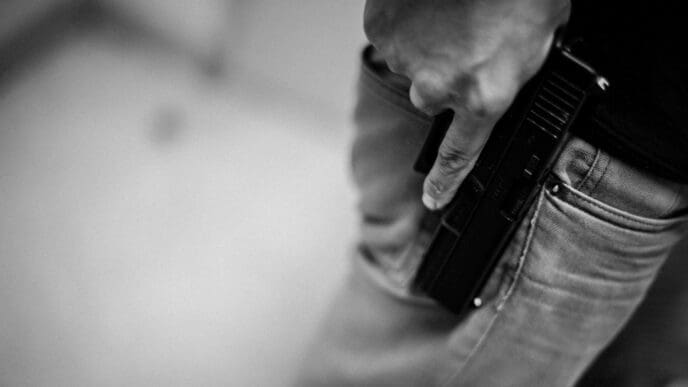 A black and white photograph showing a person's hand gripping the handle of a handgun that is tucked into the back pocket of their jeans.