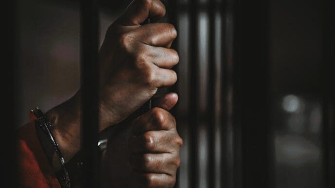 A close-up, dark photograph of a person's hands gripping the metal bars of a jail cell, symbolizing imprisonment.