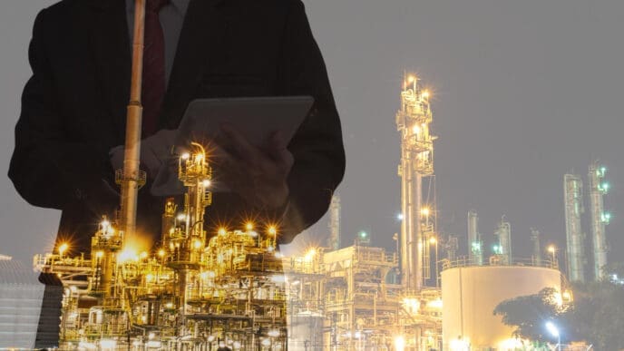 A double exposure image showing a person in a business suit holding a tablet, superimposed over a brightly lit industrial plant at night.