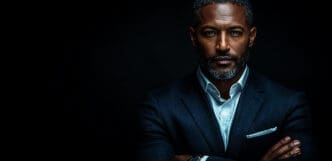 A serious and powerful headshot of a Black man with a salt-and-pepper beard, wearing a dark suit and white shirt, looking directly at the camera with his arms crossed, against a deep black background.