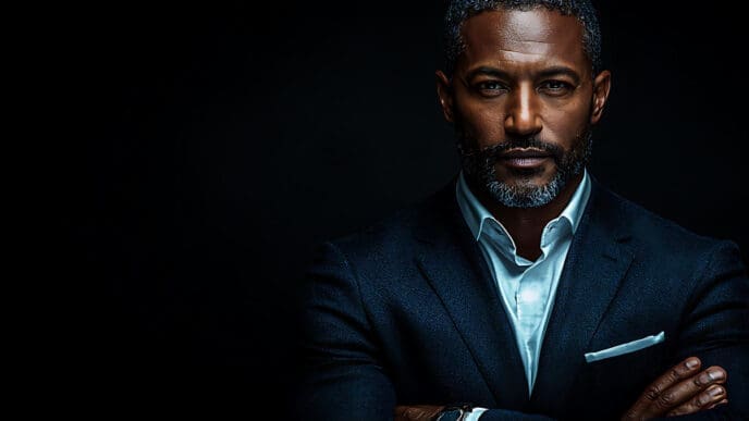 A serious and powerful headshot of a Black man with a salt-and-pepper beard, wearing a dark suit and white shirt, looking directly at the camera with his arms crossed, against a deep black background.