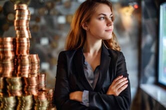 A confident woman in a business suit stands next to a large stack of coins, looking thoughtfully into the distance.