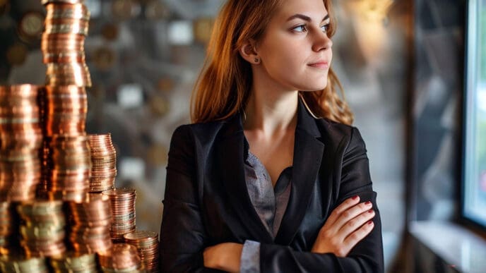 A confident woman in a business suit stands next to a large stack of coins, looking thoughtfully into the distance.