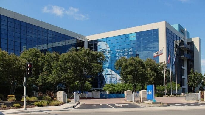 The Intel headquarters building in Santa Clara, California, featuring a large temporary poster of co-founder Gordon Moore on its facade.