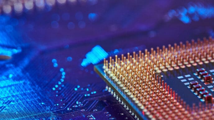 A close-up, macro shot of an Intel processor chip, showing the dense array of golden pins on its underside.