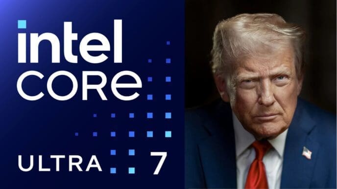 A composite image with the Intel Core Ultra 7 logo on a blue background on the left, and a professional portrait of President Donald Trump on the right.