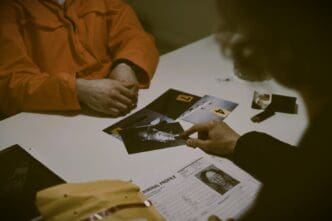 Two people sit at a table looking at criminal profile documents and photos, with one wearing an orange jumpsuit