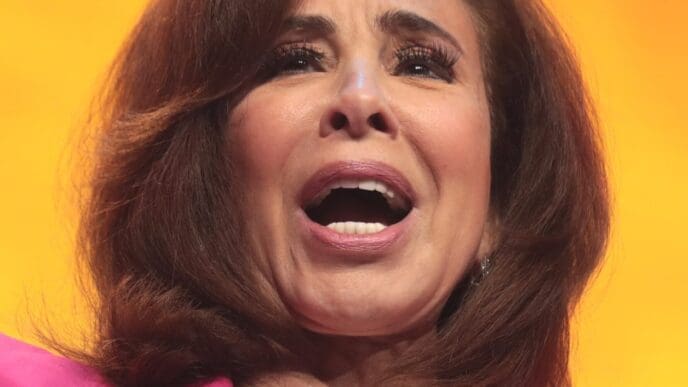 A close-up portrait of Jeanine Pirro speaking, with her mouth open and a dynamic expression, wearing a pink blazer in front of a bright orange background.