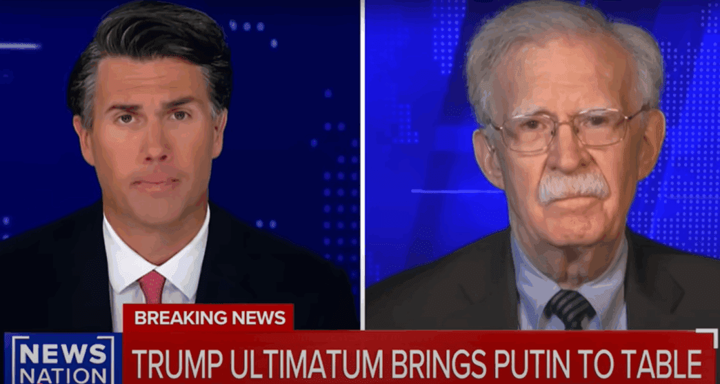 A split-screen shot from NewsNation, showing anchor Leland Vittert and former national security adviser John Bolton discussing a breaking news headline.