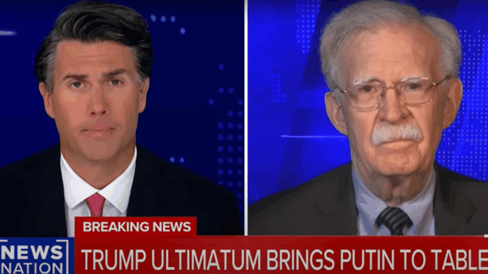 A split-screen shot from NewsNation, showing anchor Leland Vittert and former national security adviser John Bolton discussing a breaking news headline.