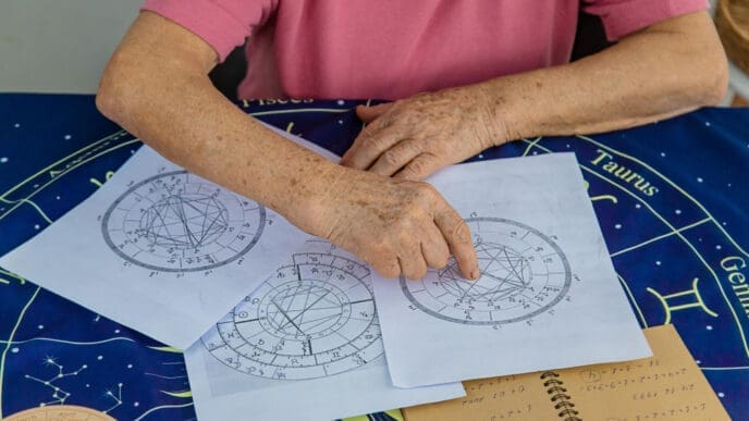 An astrologer's hands point to an intricate birth chart on a table, which is covered with a dark blue mat featuring zodiac signs, symbolizing an analysis of one's karmic blueprint in Vedic astrology.