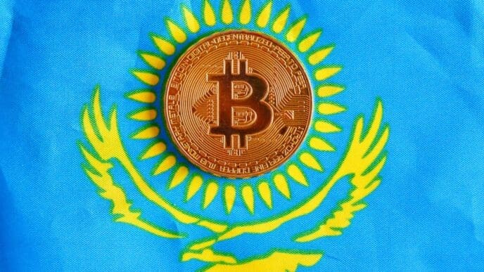 A golden Bitcoin coin is placed on the national flag of Kazakhstan, which is blue with a golden sun and eagle.