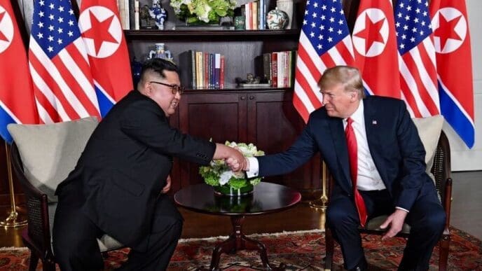 President Donald Trump and North Korean leader Kim Jong Un are seated and shaking hands in front of the flags of their respective nations.