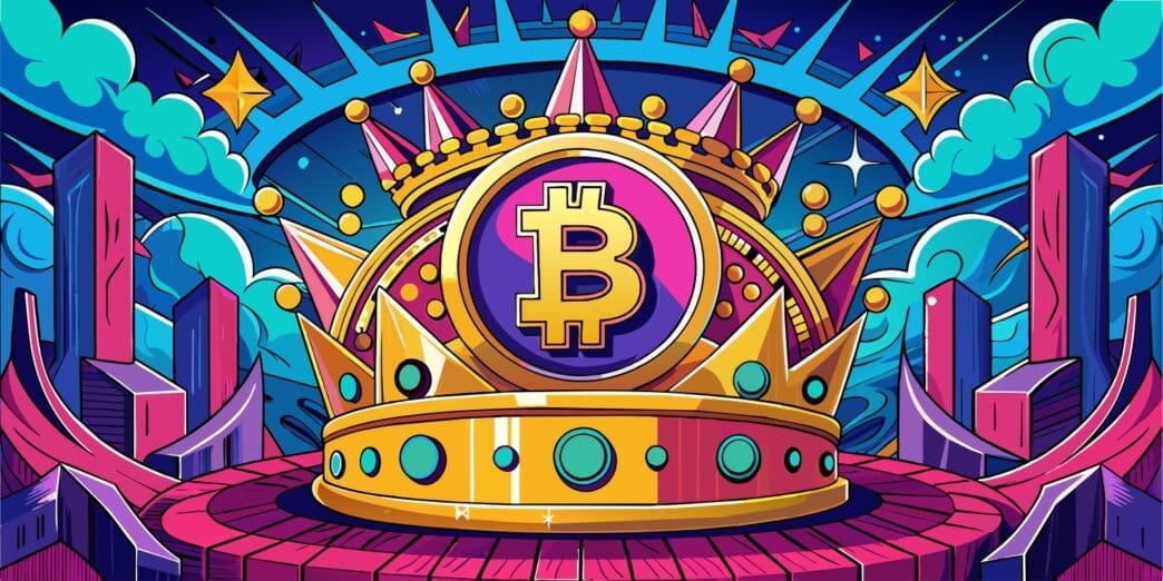 A vibrant, cartoon-style illustration of a large gold crown with a Bitcoin symbol at its center