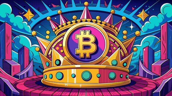 A vibrant, cartoon-style illustration of a large gold crown with a Bitcoin symbol at its center