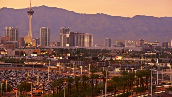 An aerial view of the Las Vegas skyline at sunset, with the Stratosphere tower and a mountain range in the background.