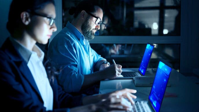 A man and a woman with glasses work late at night at a table, both focused on their laptops, with the man also writing in a notebook, in a dark, blue-lit office environment.