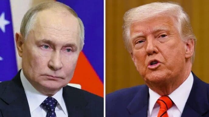 A composite image showing a portrait of Russian President Vladimir Putin on the left and a portrait of US President Donald Trump on the right.