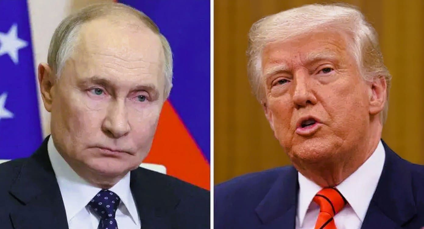 A composite image showing a portrait of Russian President Vladimir Putin on the left and a portrait of US President Donald Trump on the right.