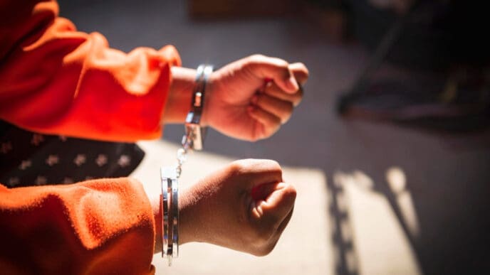 A close-up shot of a person's hands in handcuffs, wearing an orange jumpsuit.